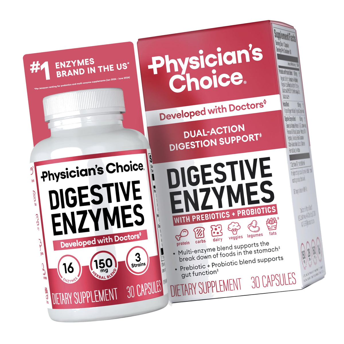 Physician's CHOICE Digestive Enzymes for Bloating & Digestion - Fast-Acting 16 Enzyme Formula with Organic Prebiotics & Probiotics for Gut & Digestive Health - Meal Time Discomfort Relief - 30 CT