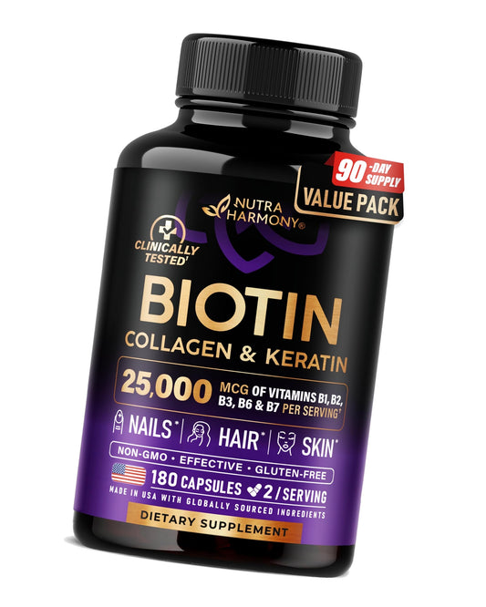 Biotin, Collagen & Keratin + Full B-Complex - Hair Growth Support, 180 Caps