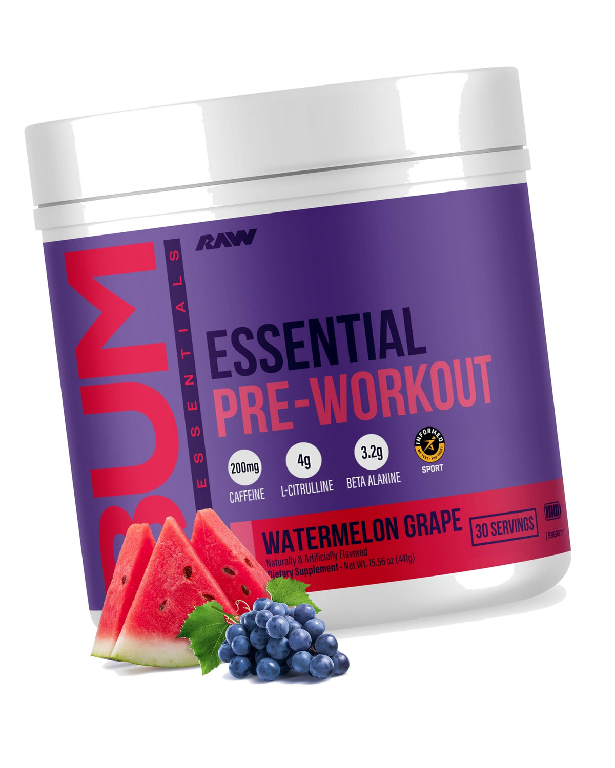 RAW Essential Pre-Workout Powder (Watermelon Grape) - Chris Bumstead Sports Nutrition Supplement for Men & Women - Preworkout Energy Powder with Caffeine, L-Citrulline, L-Tyrosine & Beta Alanine Blend