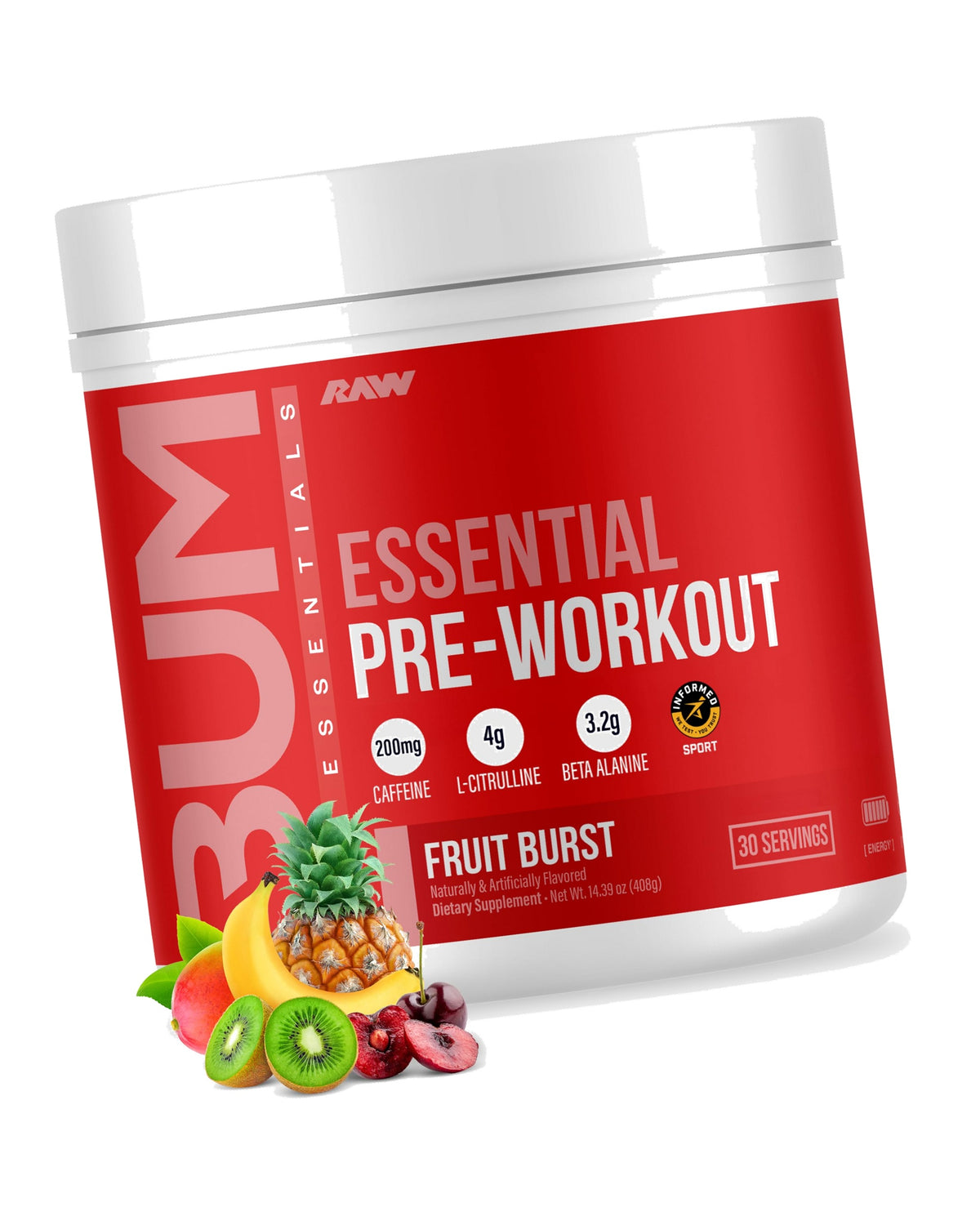 RAW Essential Pre-Workout Powder (Fruit Burst) - Chris Bumstead Sports Nutrition Supplement for Men & Women - Preworkout Energy Powder with Caffeine, L-Citrulline, L-Tyrosine, & Beta Alanine Blend