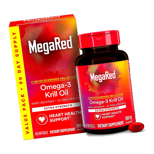 MegaRed Antarctic Krill Oil 500mg Omega 3 Fatty Acid Supplement, Extra Strength EPA & DHA Krill Oil Softgels (90cnt Box), Astaxanthin, Heart Health Supplement with No Fish Oil Aftertaste