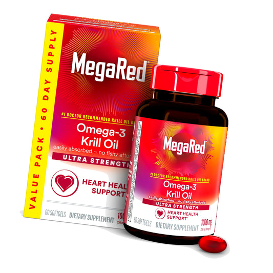 MegaRed Antarctic Krill Oil 1000mg, Omega 3 Fatty Acid Supplement, Ultra Concentrate EPA & DHA Softgels, Antioxidant Astaxanthin, Heart Health Supplement with No Fish Oil Aftertaste, 60ct