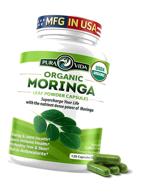 PURA VIDA MORINGA Organic Moringa Capsules, Pure Moringa Leaf Powder Single Origin for Energy, Metabolism & Immune Support, 120ct, 500mg Caps