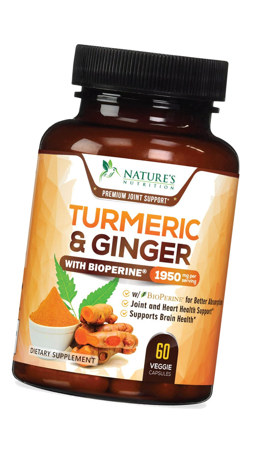 Turmeric Curcumin Supplement - 95% Curcuminoids with Organic Turmeric & Ginger, BioPerine Black Pepper Extract for Best Absorption, Natural Vegan Joint Support, Non-GMO, Bottled in USA - 60 Capsules