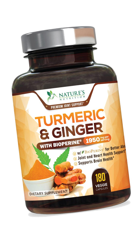 Turmeric Curcumin Supplement - 95% Curcuminoids with Organic Turmeric & Ginger, BioPerine Black Pepper Extract for Best Absorption, Natural Vegan Joint Support, Non-GMO, Bottled in USA - 180 Capsules