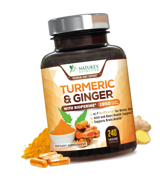 Turmeric Curcumin Supplement - 95% Curcuminoids with Organic Turmeric & Ginger, BioPerine Black Pepper Extract for Best Absorption, Natural Vegan Joint Support, Non-GMO, Bottled in USA - 240 Capsules