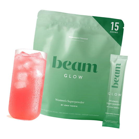 BEAM Glow Hormone Support & Cortisol Supplement for Women - Daily Vitamins for Women with Ashwagandha, Selenium, Zinc, Vitamin A, for Cycle Health, Mood & Energy, Watermelon, 15 Servings