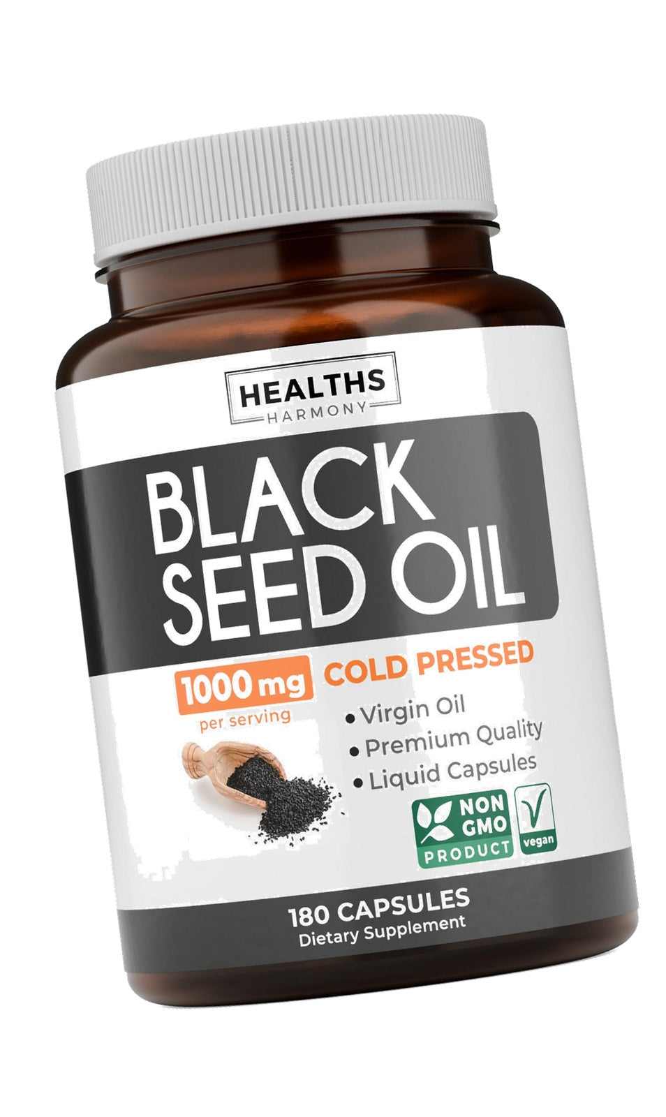 Black Seed Oil - 180 Softgel Capsules (Non-GMO & Vegan) Premium Cold-Pressed Nigella Sativa Producing Pure Black Cumin Seed Oil with Vitamin E - 500mg Each, 1000mg Per 2 Capsule Serving