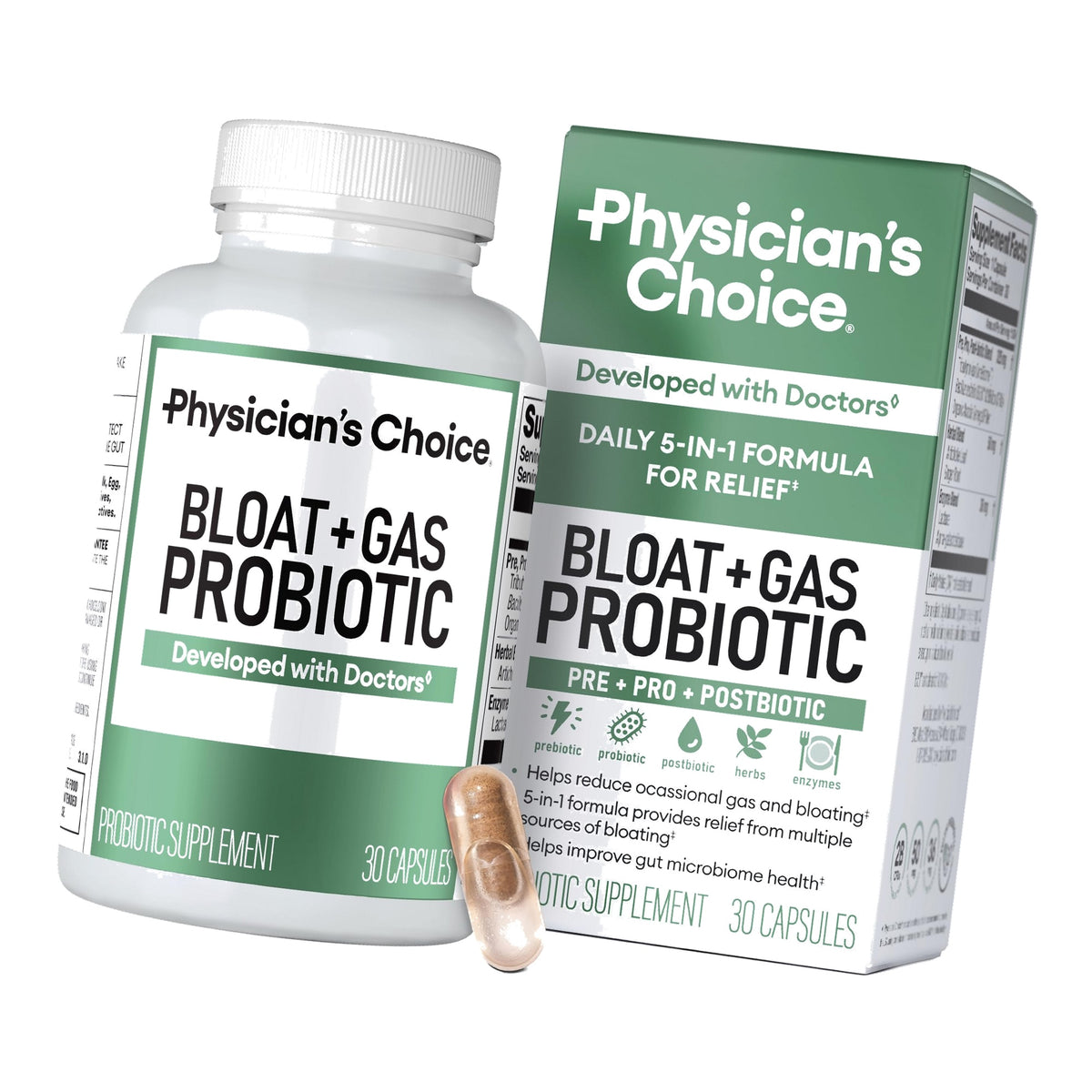 Physician's CHOICE Bloat & Gas Probiotic 5-in-1 Proactive Support + Daily Relief - Digestion & Gut Health- Herbals, Digestive Enzymes, Post & Prebiotics - Gas Relief for Adults - Women & Men - 30ct