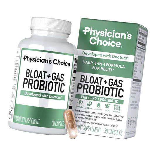 Physician's CHOICE Bloat & Gas Probiotic 5-in-1 Proactive Support + Daily Relief - Digestion & Gut Health- Herbals, Digestive Enzymes, Post & Prebiotics - Gas Relief for Adults - Women & Men - 30ct
