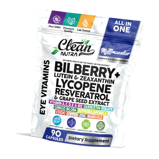 Clean Nutra Multimacular Bilberry+ Lutein Zeaxanthin Lycopene Resveratrol with Flax Seed Grape Japanese Knotweed Ginkgo Biloba Sophora Japonica Coenzyme Copper Zinc Marigold Black Pepper 90 Capsules