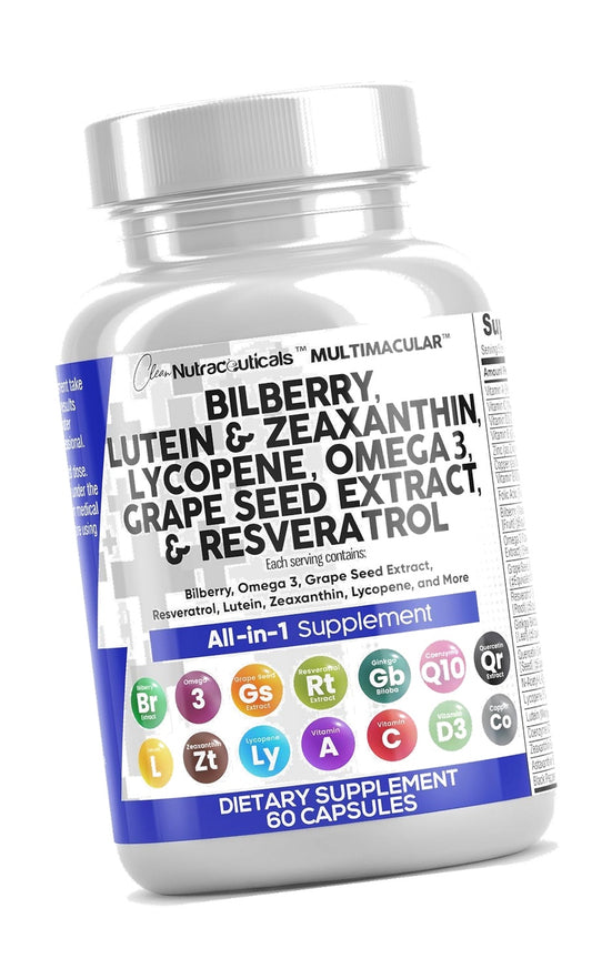 Clean Nutra Eye Vitamins with Bilberry Lutein and Zeaxanthin Supplements Lycopene 40mg Resveratrol Grape Seed Astaxanthin for Eyes - Eye Care Health Support Eye Vitamin and Mineral Supplement