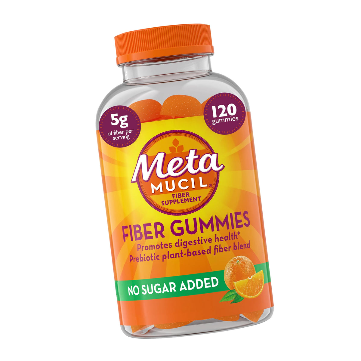 Metamucil Fiber Gummies for Adults, No Sugar Added Orange Flavor, 5g Prebiotic Plant Based Fiber Supplement Blend, 120 Count