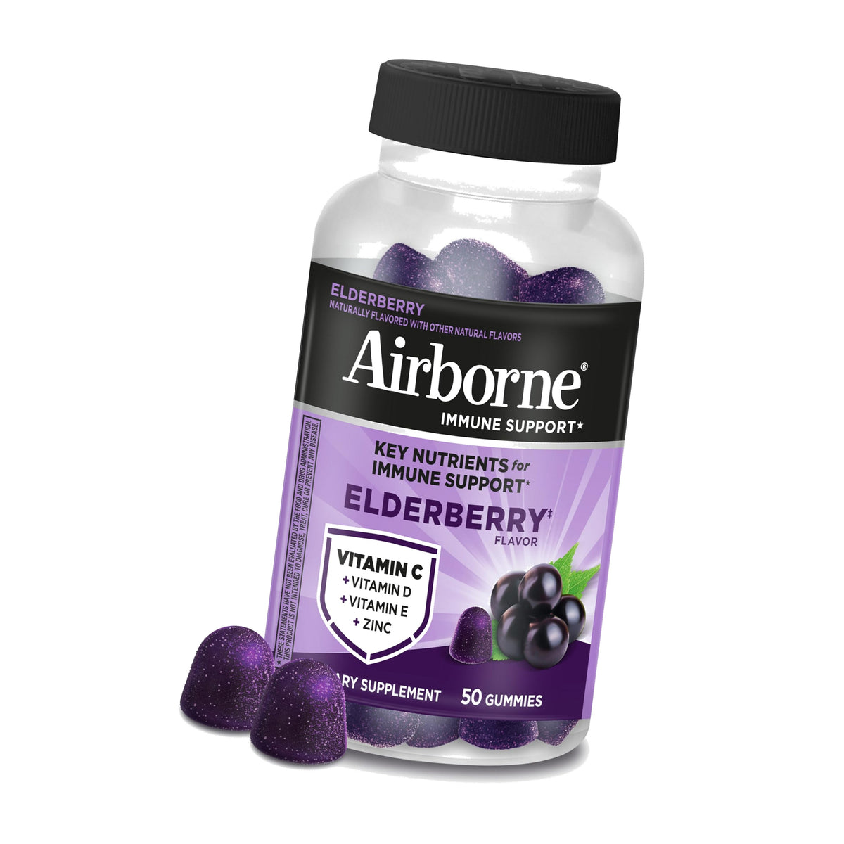 Airborne Elderberry + Zinc & Vitamin C Gummies For Adults, Immune Support Vitamin D & Zinc Gummies With Powerful Antioxidant Vitamins C D & E - 50 Gummies, Elderberry Flavor