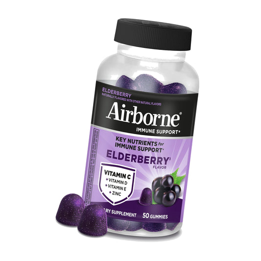 Airborne Elderberry + Zinc & Vitamin C Gummies For Adults, Immune Support Vitamin D & Zinc Gummies With Powerful Antioxidant Vitamins C D & E - 50 Gummies, Elderberry Flavor