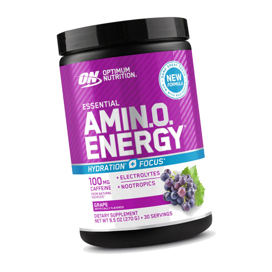 Optimum Nutrition Amino Energy Powder Plus Focus, with BCAA, Electrolytes, and Caffeine, Grape, 30 Servings (Packaging May Vary)