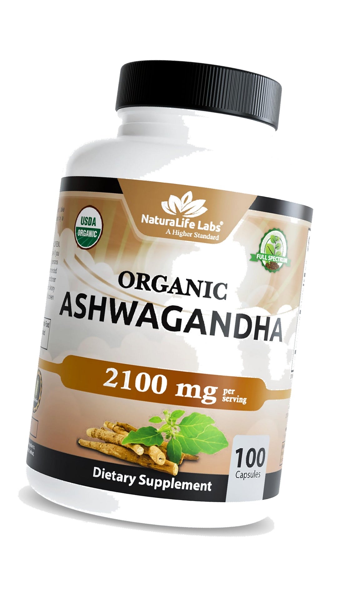 NaturaLife Labs Organic Ashwagandha 2100 mg per Serving – Full Spectrum Root Powder and Standardized Extract (Withanolides) – 100 Capsules – Vegan – Non-GMO, Gluten-Free