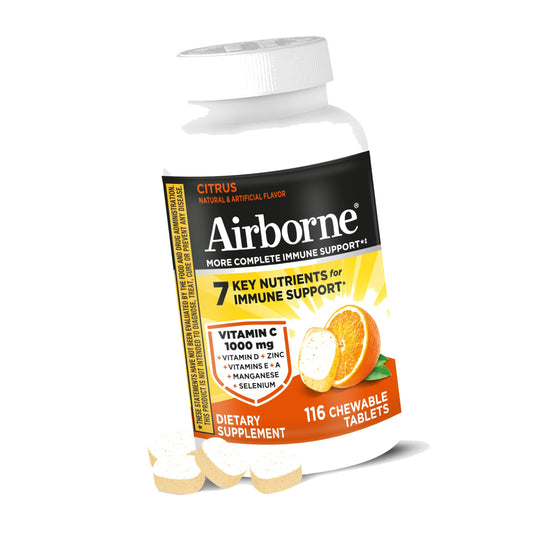 Airborne Citrus Chewable Tablets, 116ct | Immune Support Supplement with 1000mg Vitamin C + Vitamins A, D, E, Zinc,Selenium, & Manganese | Herbal Blend | Gluten Free