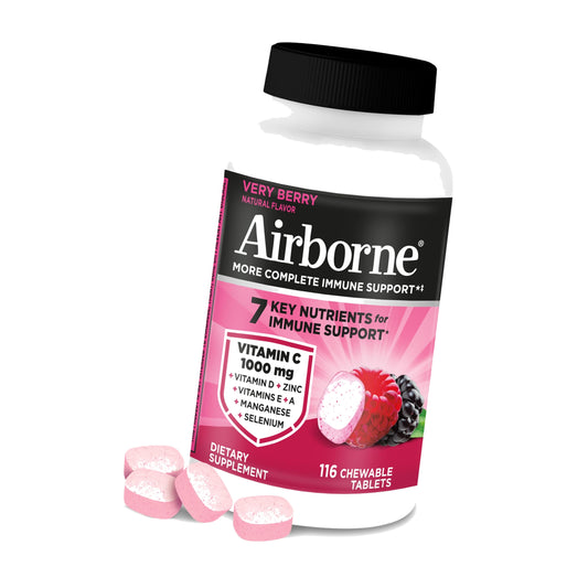 Airborne Very Berry Chewable Tablets, 116ct | Immune Support Supplement with 1000mg Vitamin C + Vitamins A, D, E, Zinc,Selenium, & Manganese | Herbal Blend | Gluten Free