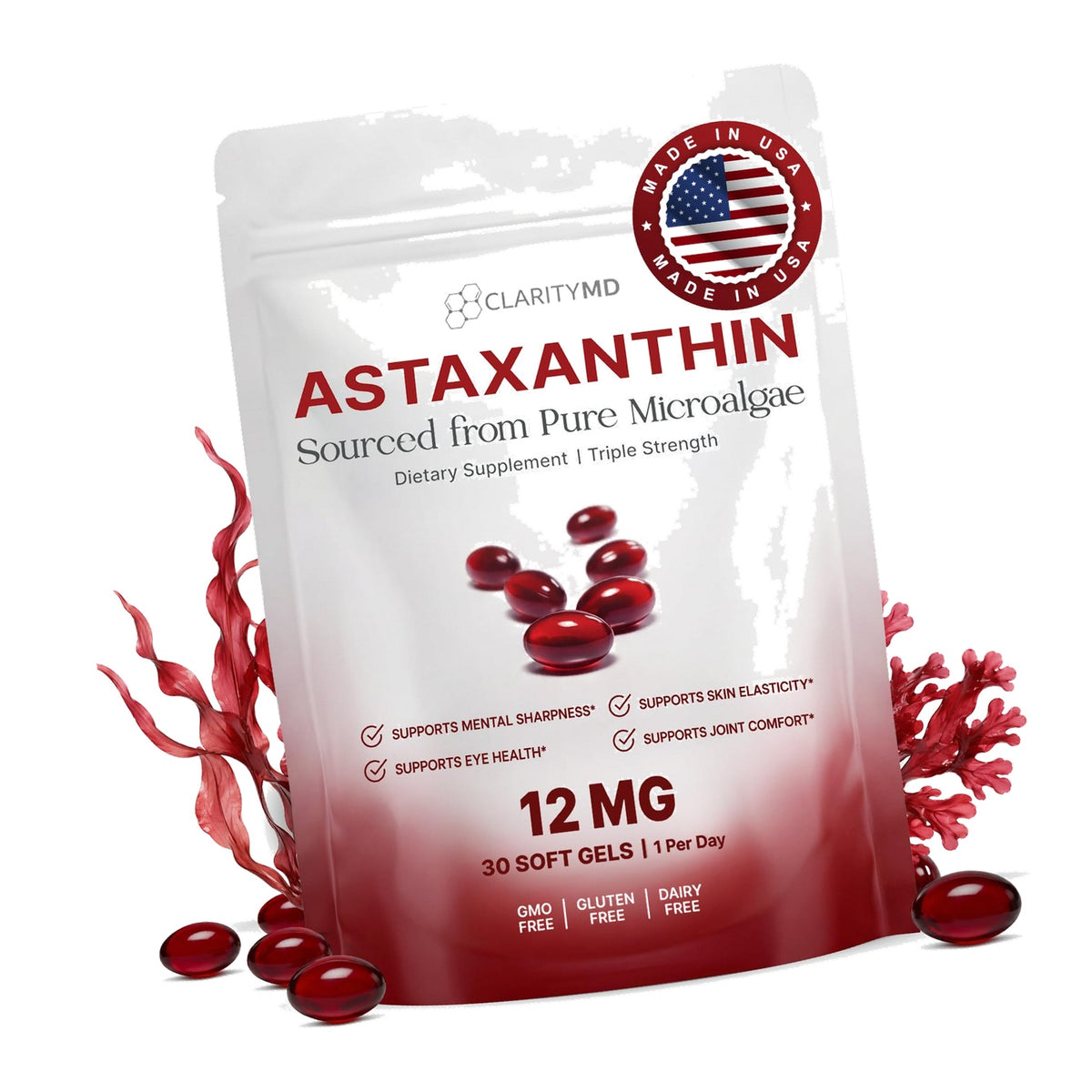ClarityMD Astaxanthin 12mg Antioxidants Supplement – Natural Microalgae Source – Lipid-Based Softgel for Enhanced Absorption – Cognitive, Vision & Joint Support – 30 Softgels (Pack of 1)