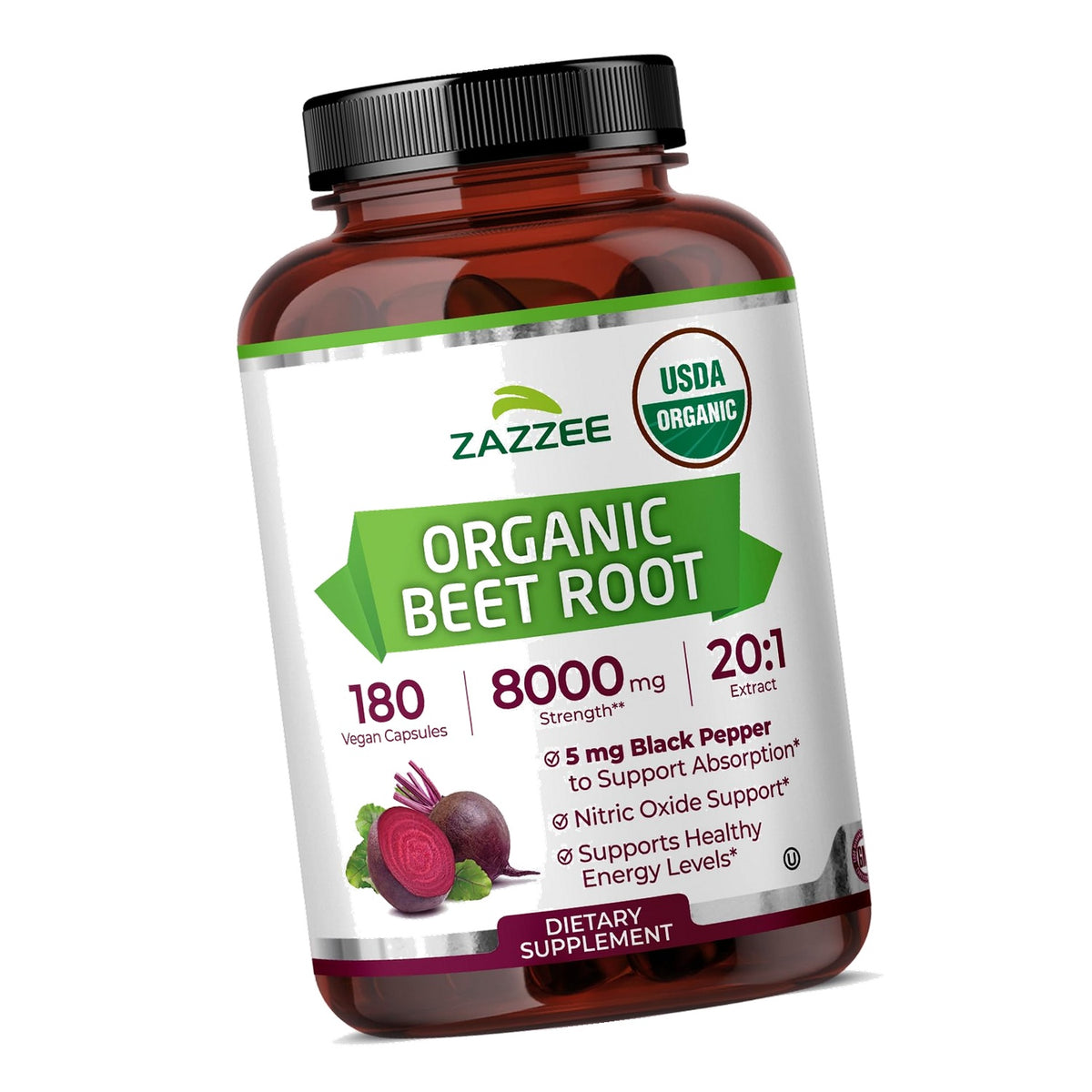 Zazzee USDA Organic Beet Root 20:1 Extract, 180 Quick Release Capsules