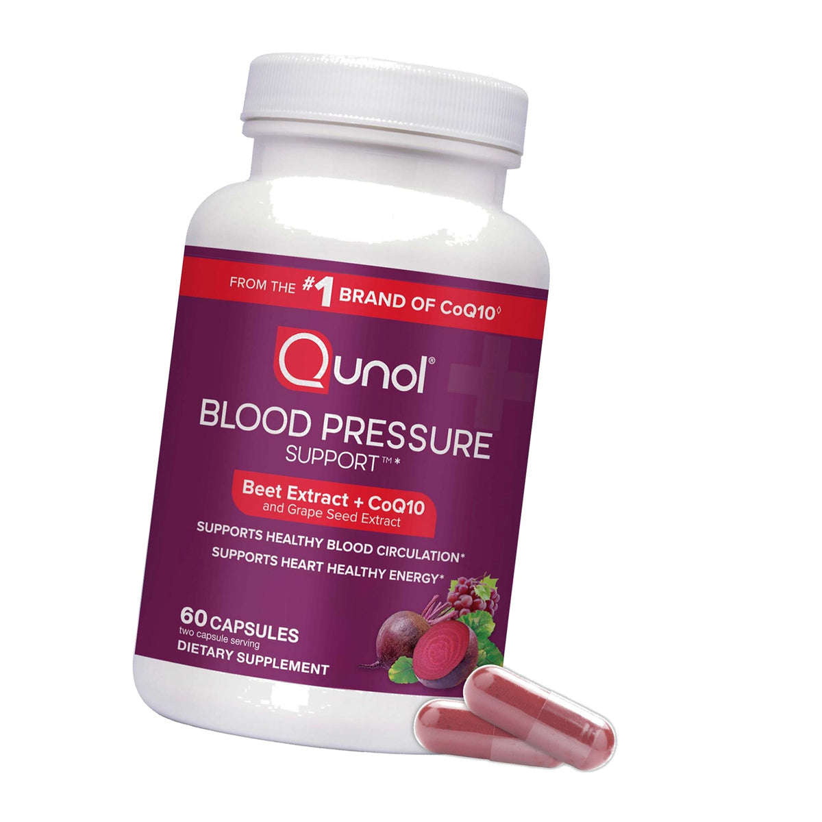Qunol 3-in-1 Beet Roots Capsules with CoQ10, Blood Pressure Support, 60ct