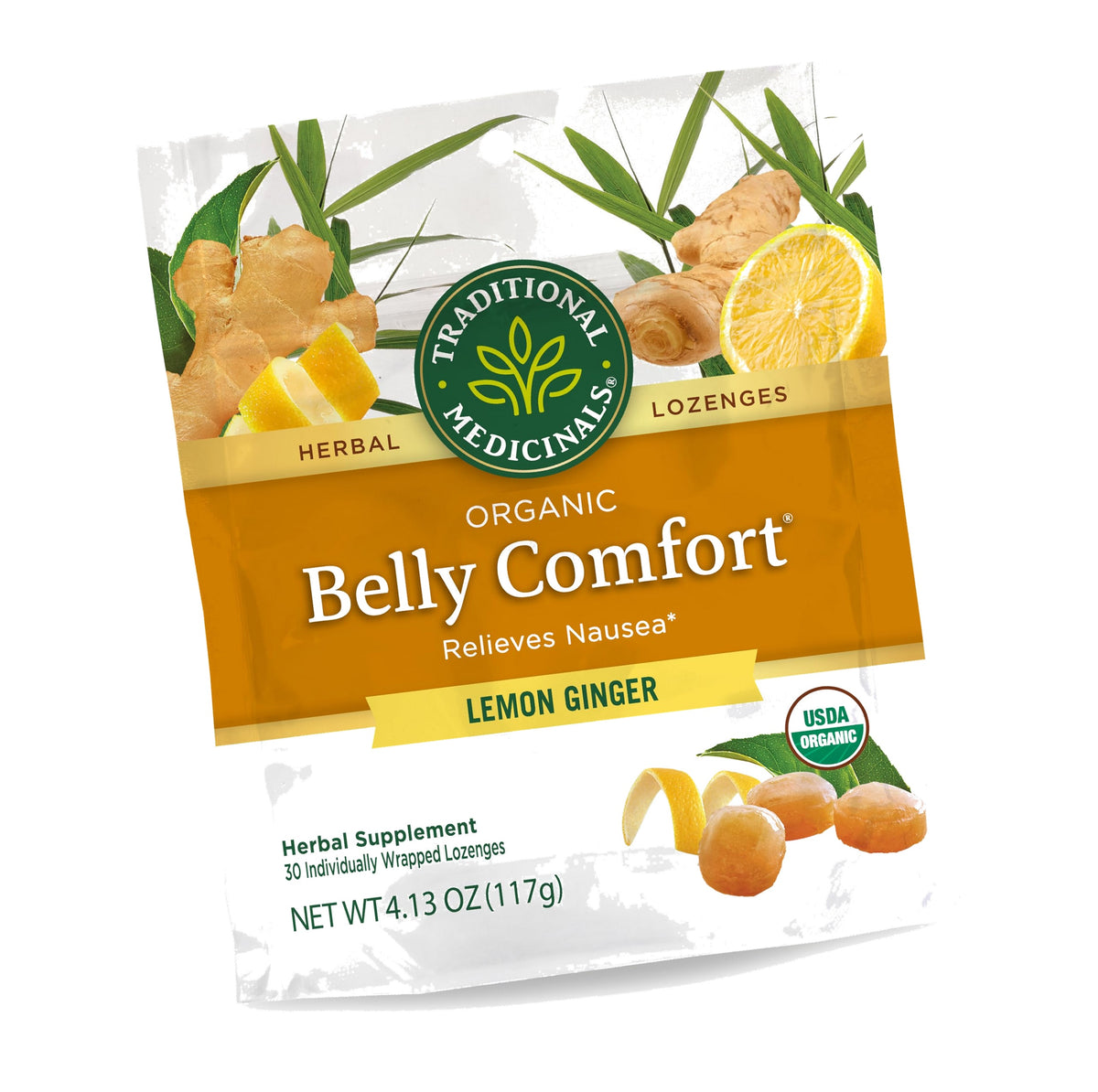 Traditional Medicinals Organic, Belly Comfort Lozenges, Lemon Ginger - Supports Nausea Relief and Occasional Indigestion - Non-GMO, Stimulant-Free - 30 Individually Wrapped Lozenges
