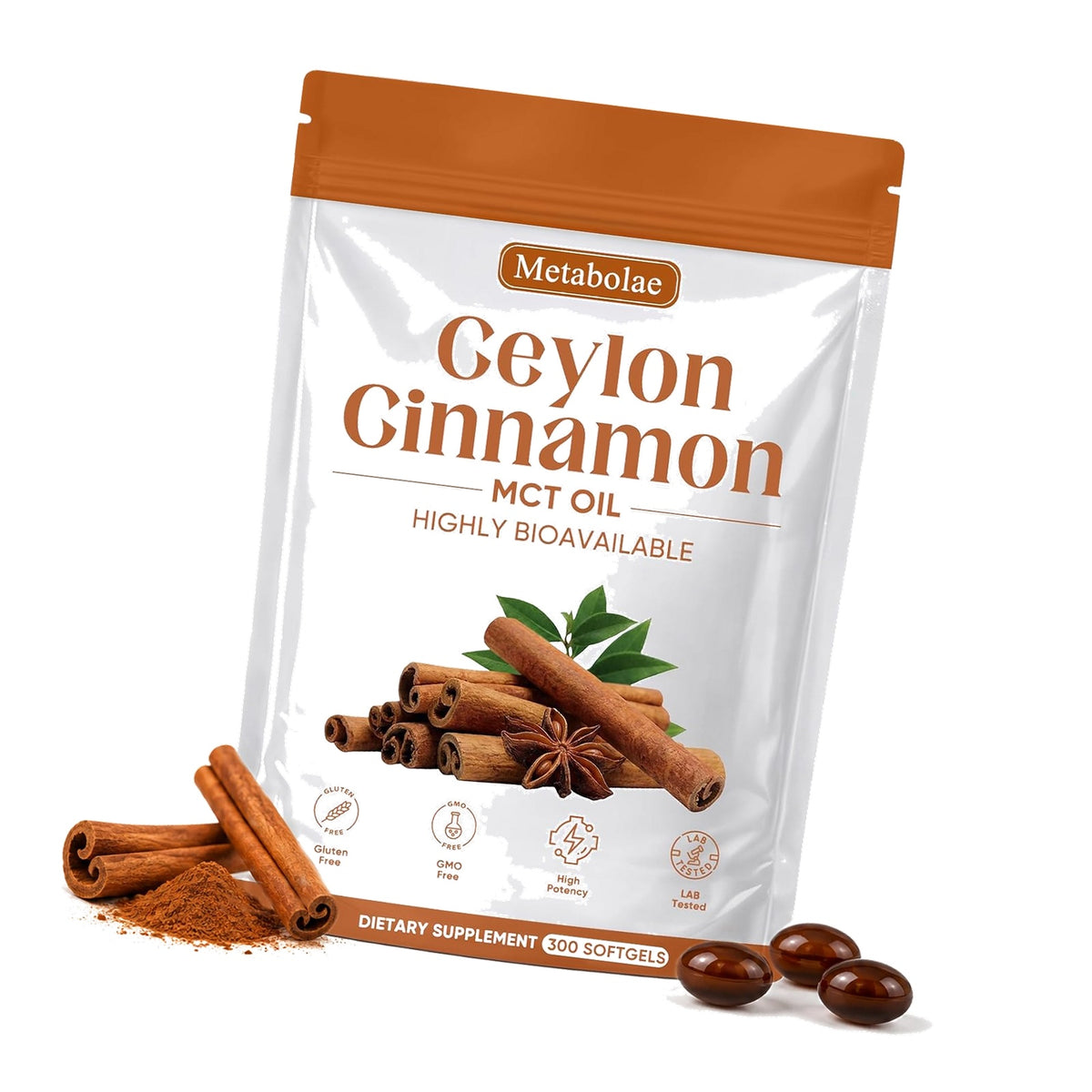 Nukupuns Metabolae Ceylon Cinnamon SoftGels with MCT Oil, Highly Bioavailable Herbal Extract, Non-GMO, Gluten Free - 300 Softgels (1pcs)