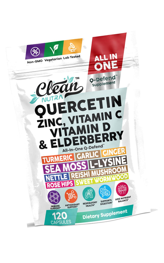 Q Defend Quercetin Supplement with Zinc Vitamin C Vitamin D Elderberry Turmeric Black Pepper Garlic Ginger Sea Moss Lysine Stinging Nettle Reishi Mushroom Immune Support 120 Capsules by Clean Nutra