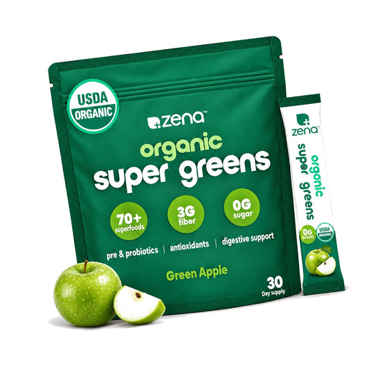 Zena Nutrition Organic Super Greens Powder, Green Apple, 30 Packets