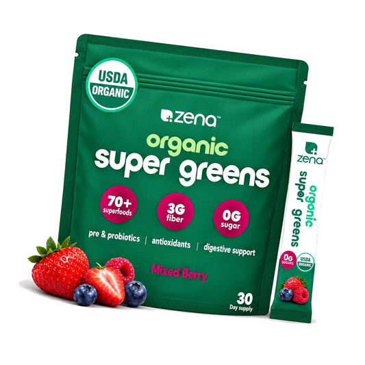 Zena Nutrition Organic Super Greens Powder, Mixed Berry, 30 Packets