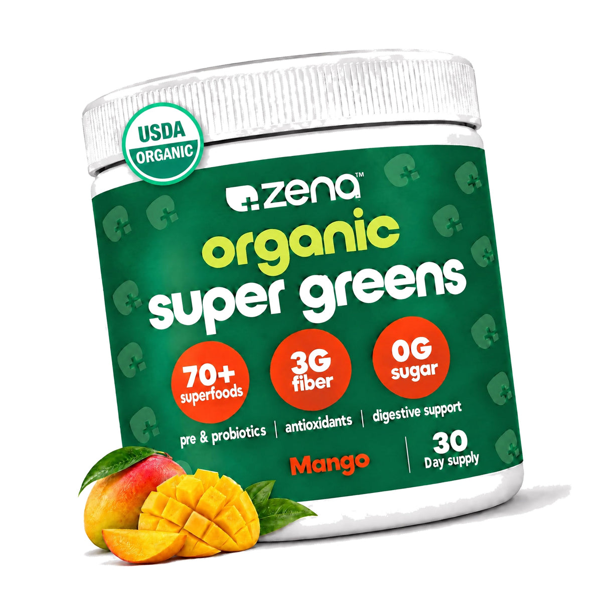 Zena Nutrition Organic Super Greens Powder, Mango, 30 Servings