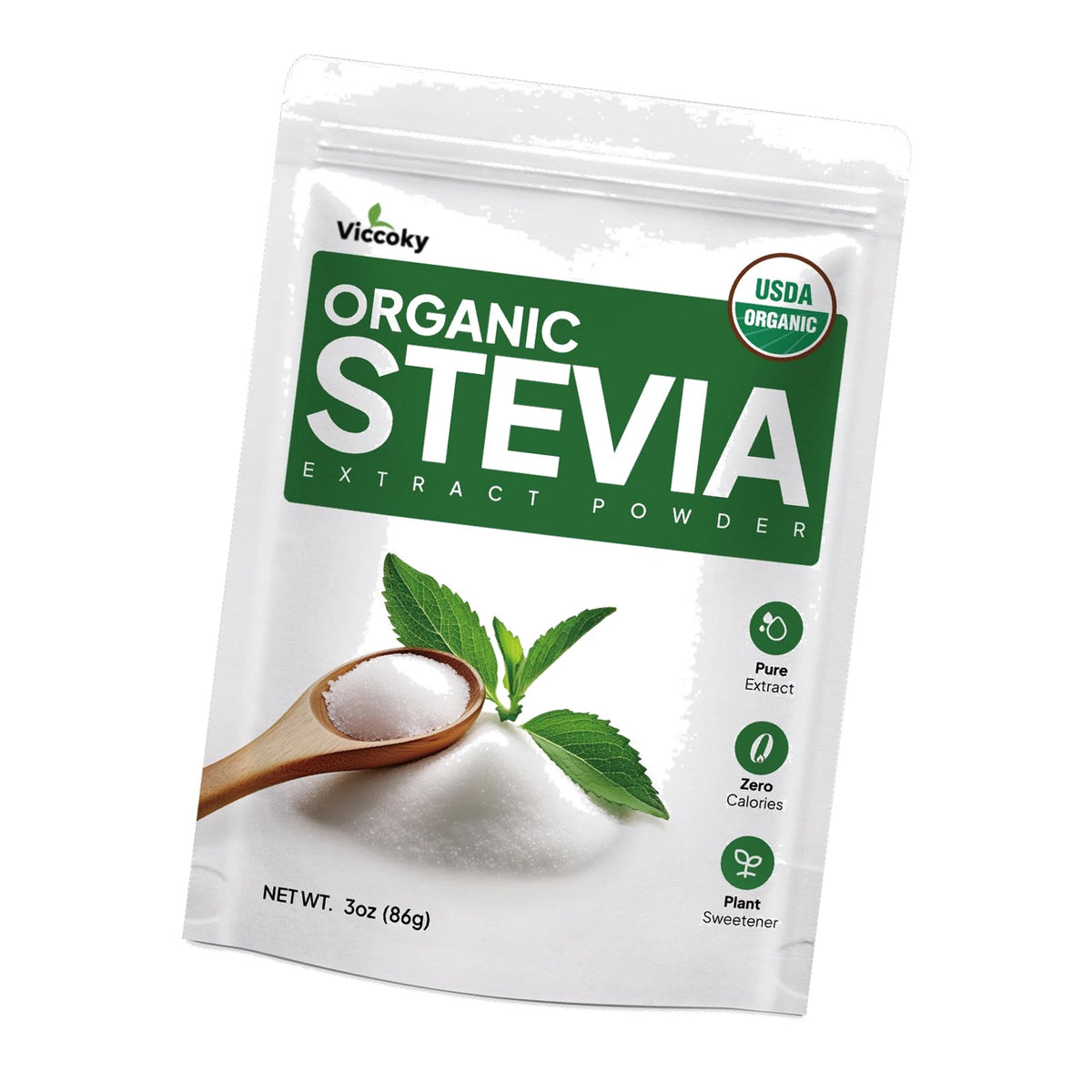 Viccoky Organic Stevia Powder 3oz (86g), Pure Stevia Extract Powder, Sugar-Free & 0 Calories, No Additives, Sugar Substitute, Natural Sweetener