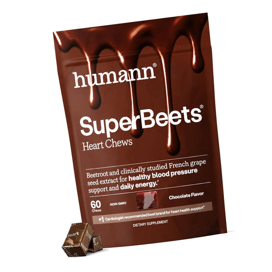 Humann SuperBeets Heart Chews, Nitric Oxide and Blood Pressure Support, Grape Seed Extract & Non-GMO Beet Root Powder Energy Supplement, Chocolate Flavor, 60 Count