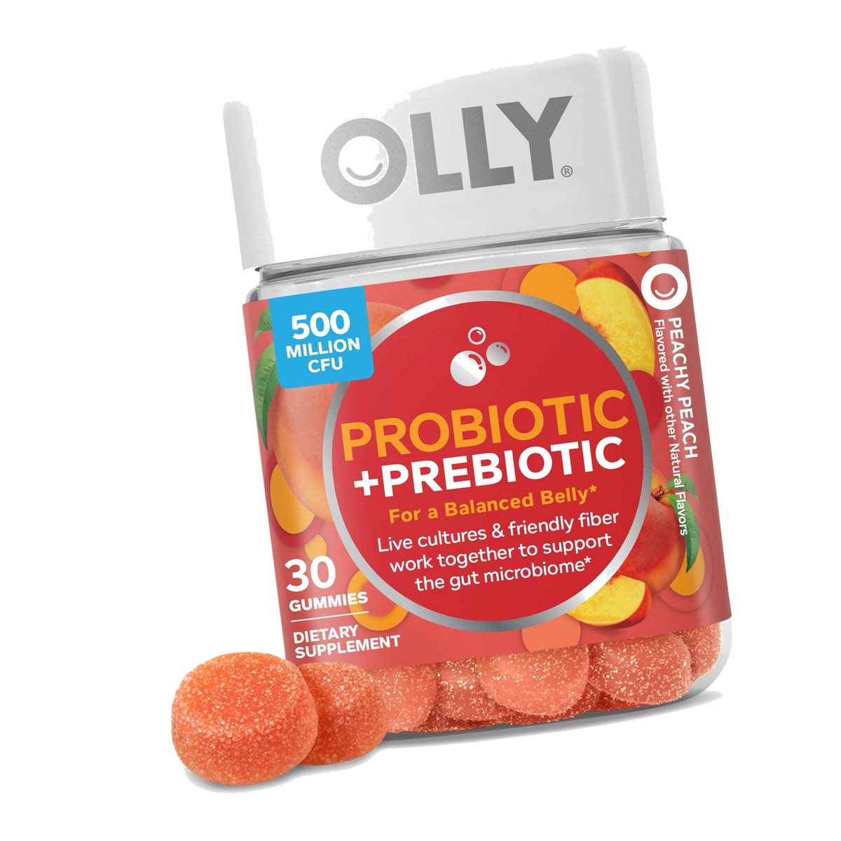 OLLY Probiotic + Prebiotic Gummy, 500 million CFUs, Peachy Peach - 30 Count