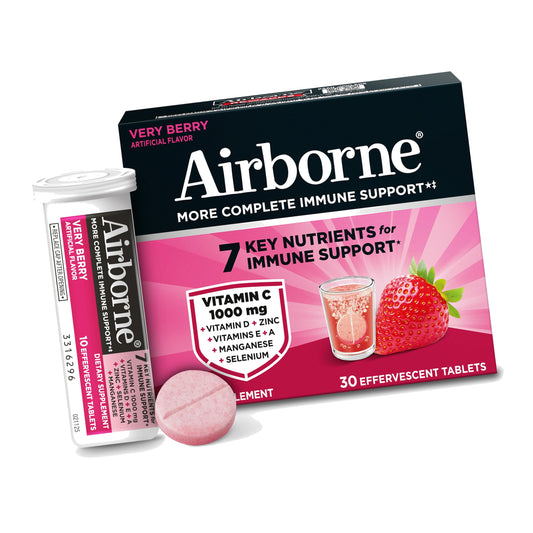 Airborne Immune Support Effervescent Tablets, Very Berry Flavor - 30ct with 1000mg Vitamin C + Vitamins A, D, E, Zinc, Selenium, Manganese & Herbal Blend - Sugar‑Free, Gluten‑Free