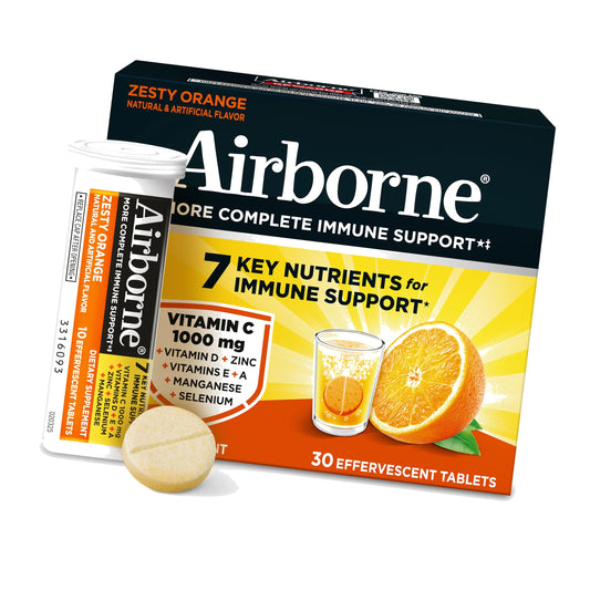 Airborne Immune Support Effervescent Tablets, Zesty Orange Flavor - 30ct with 1000mg Vitamin C + Vitamins A, D, E, Zinc, Selenium, Manganese & Herbal Blend - Sugar‑Free, Gluten‑Free