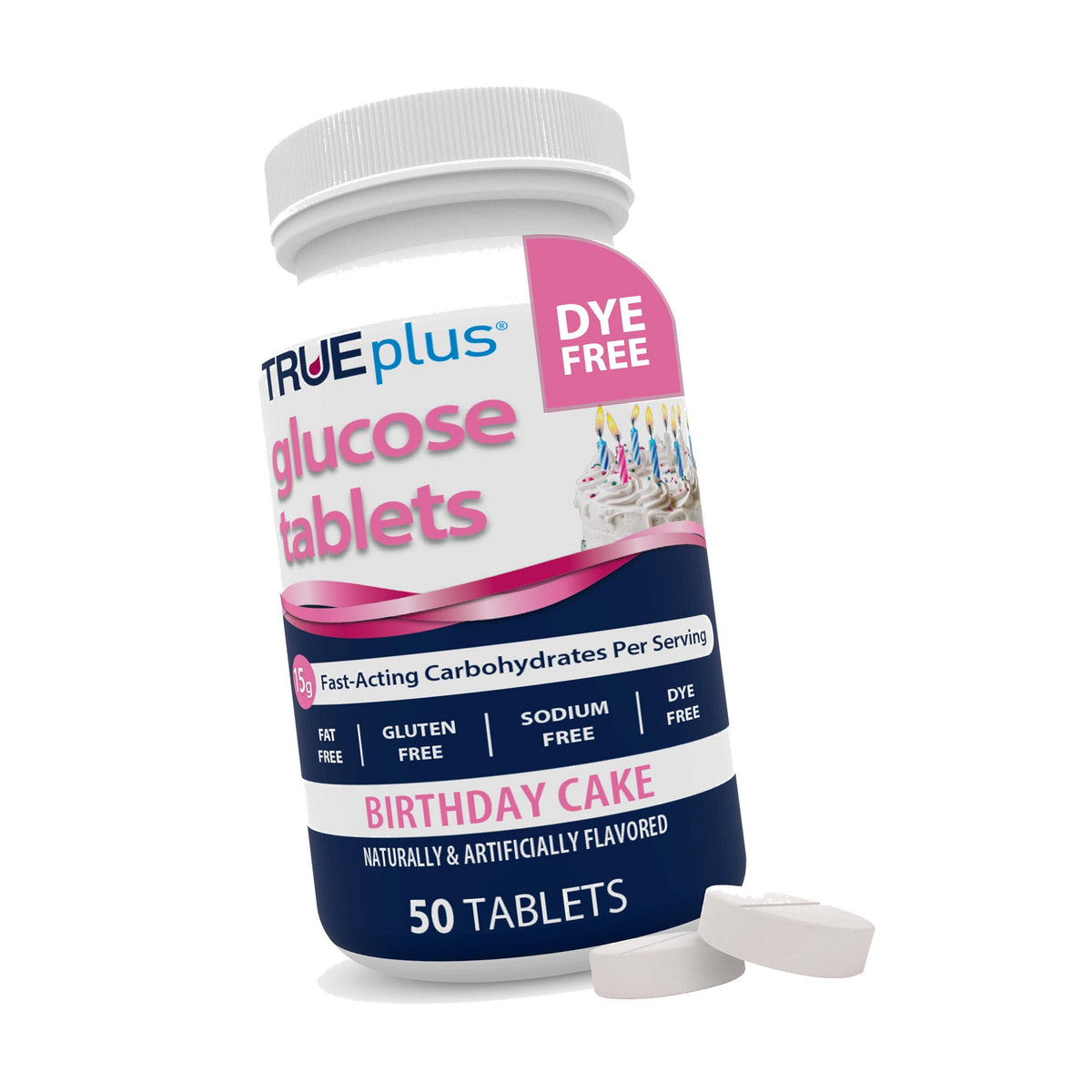 TRUEplus Glucose Tablets, Dye-Free Birthday Cake Flavor, 50 Count