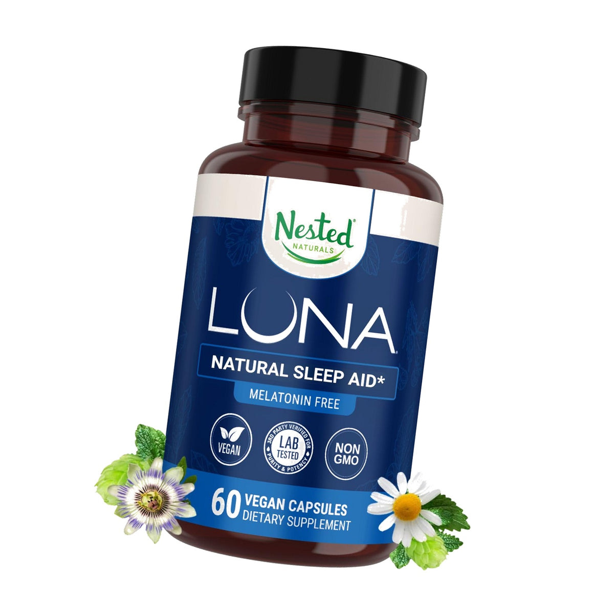 Nested Naturals Luna Melatonin-Free Sleep Supplement - Non-Habit Forming Herbal Sleep Supplement, Adult Bedtime Support, Help Sleeping w/Chamomile, Valerian, L-Theanine - 60 Vegan Capsules