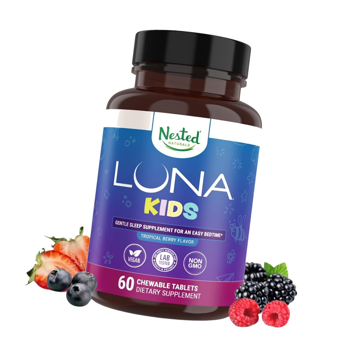 Nested Naturals Luna Kids Sugar-Free Sleep Aid Tablets for Children 4+ - Naturally Sourced Ingredients - Herbal Sleep Supplement with Chamomile, Melatonin, Valerian & Lemon Balm - 60 Chewable Tablets