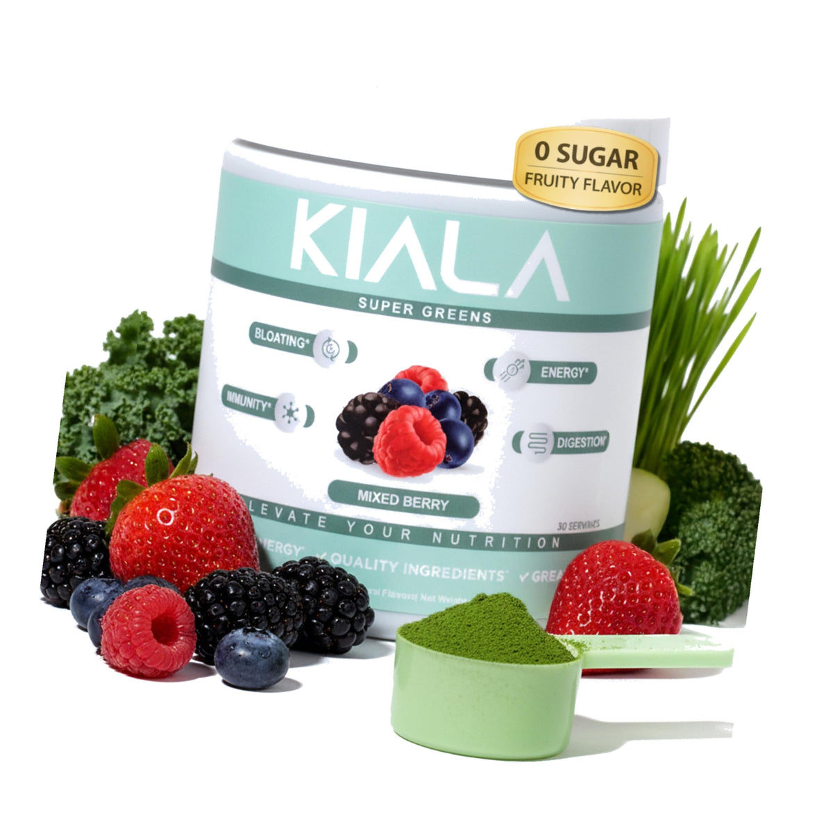 Kiala Nutrition Super Greens Powder with Spirulina & Chlorella for Digestion, Gut Health, Immunity, Adaptogens, Energy, Gluten Free, Vegan, Sugar Free, Mixed Berry, 30 Servings