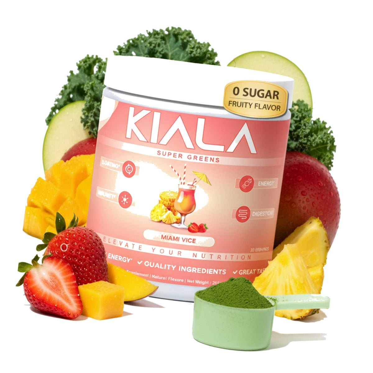 Kiala Nutrition Super Greens Powder with Spirulina & Chlorella for Digestion, Gut Health, Immunity, Energy, Gluten Free, Vegan, Sugar Free, Spectra Blend, Miami Vice Flavor 30 Servings