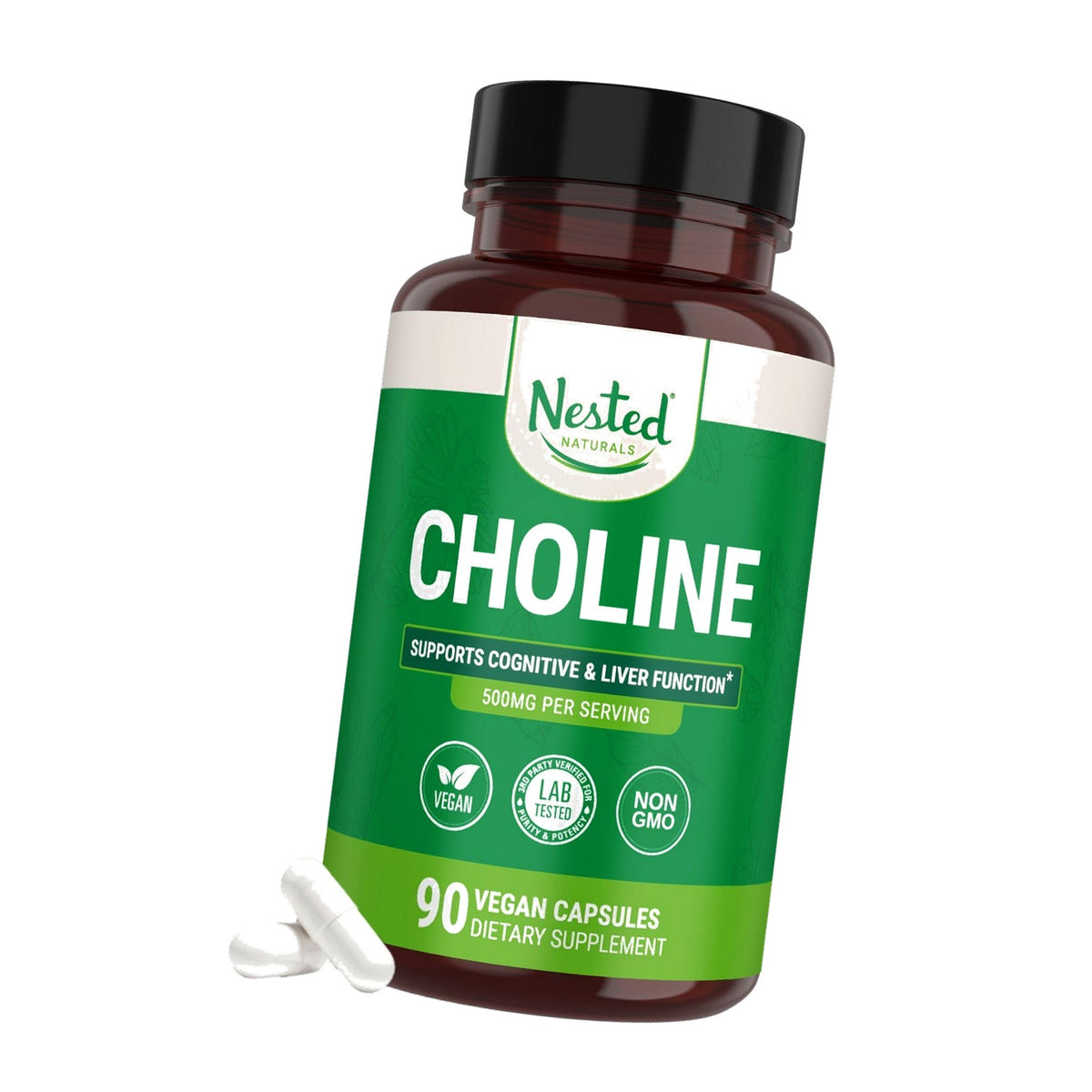 Nested Naturals Choline Bitartrate 500mg Per Serving - High Potency Choline Supplements - Supports Cognitive Performance & Liver Function - 100% Vegan & Non-GMO Choline - 90 Vegan Capsules