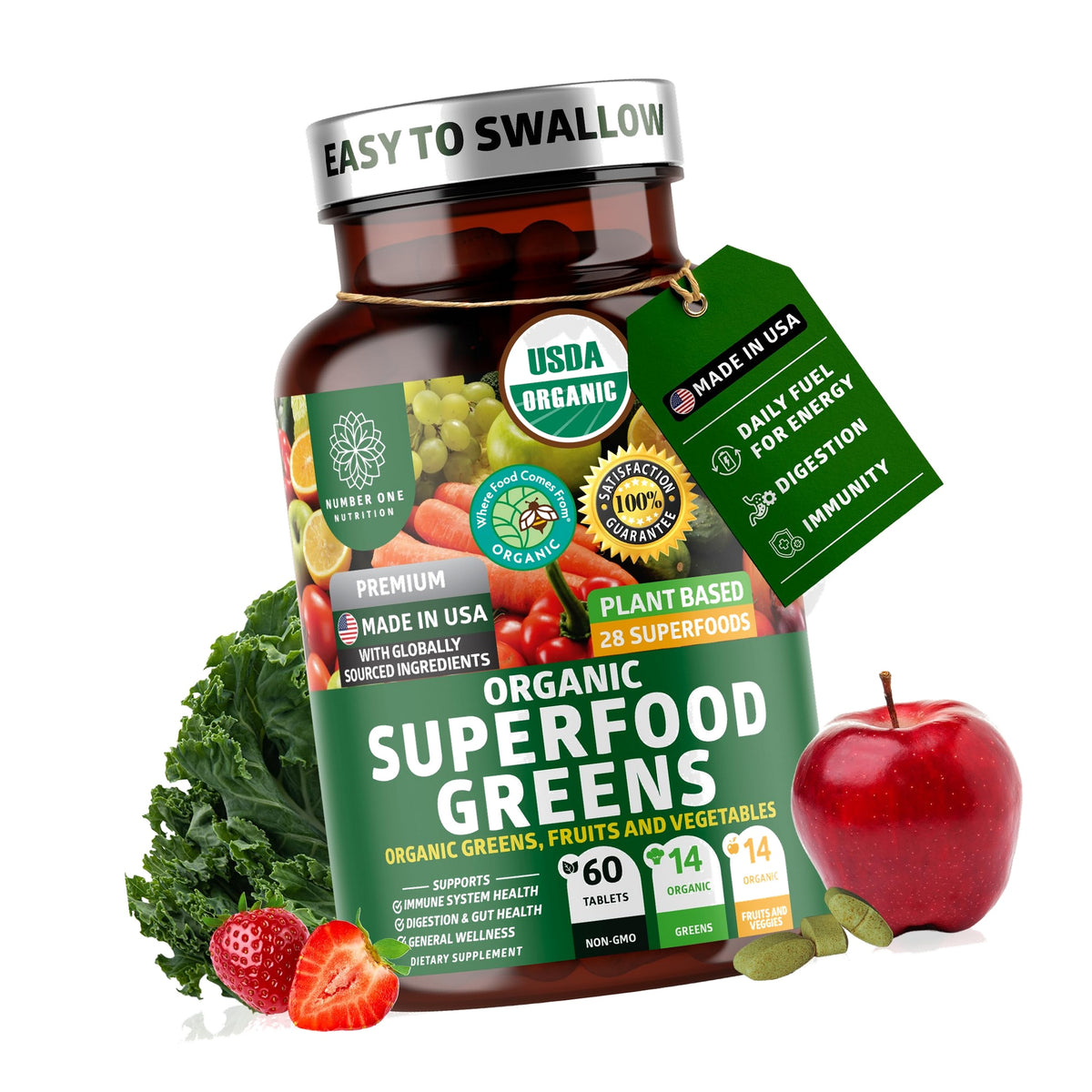 USDA Organic Superfood Greens, 28 Ingredients, Vegan, Non-GMO, 60 Tablets