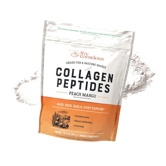 Live Conscious Collagen Peptides Powder - Peach Mango Flavored Collagen Powder - Hair, Skin, Nail, & Joint Support - Type I & III Grass-Fed Collagen Supplements for Women and Men - 30 Servings - 13oz