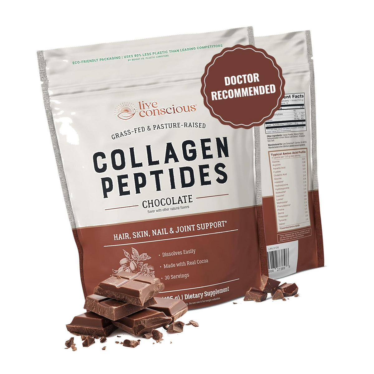 Live Conscious Collagen Peptides Powder - Chocolate Collagen Powder - Hair, Skin, Nail, and Joint Support - Type I & III Grass-Fed Collagen Supplements for Women and Men - 30 Servings - 15oz
