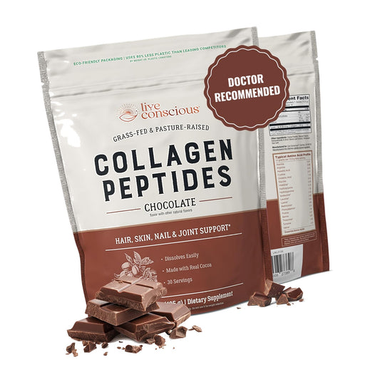 Live Conscious Collagen Peptides Powder - Chocolate Collagen Powder - Hair, Skin, Nail, and Joint Support - Type I & III Grass-Fed Collagen Supplements for Women and Men - 30 Servings - 15oz