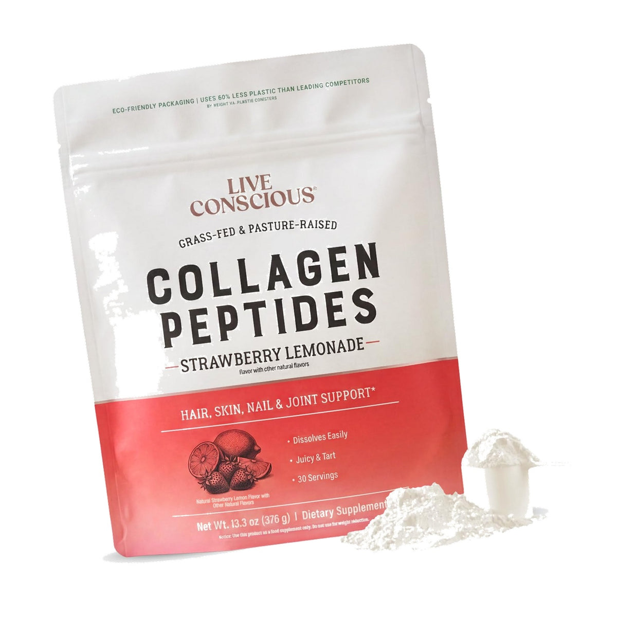 Live Conscious Collagen Peptides Powder - Strawberry Lemonade - Type I & III for Hair, Skin, Nails & Joint Support - Hydrolyzed, Grass-Fed Bovine - Women & Men, 30 Servings - 12.8oz