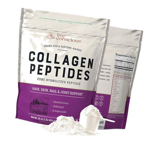 Live Conscious Collagen Peptides Powder - Naturally-Sourced Hydrolyzed Collagen Powder - Hair, Skin, Nail, and Joint Support - Type I & III Grass-Fed Collagen Supplements for Women and Men - 16oz