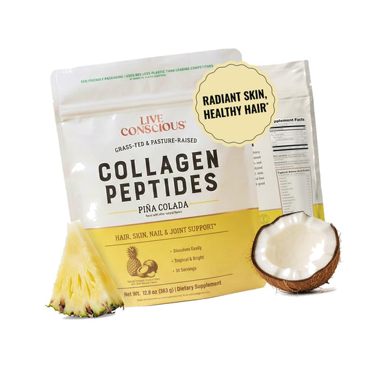 Live Conscious Collagen Peptides Powder - Piña Colada Flavor - Type I & III for Hair, Skin, Nails & Joint Support - Hydrolyzed, Grass-Fed Bovine - Women & Men, 30 Servings - 12.8oz